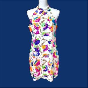 Colorful Floral Sequins Sleeveless Shift Dress White Gold Pink Blue Size L